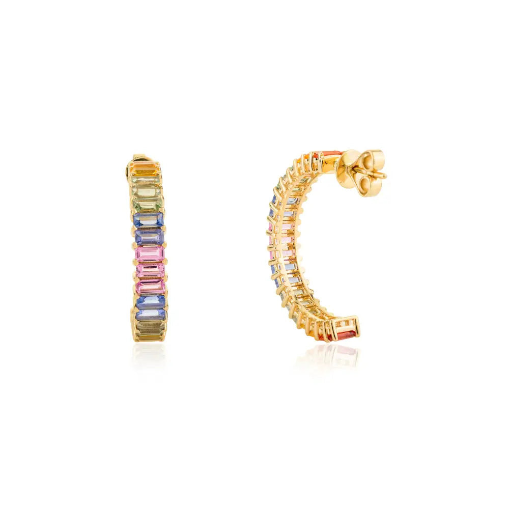 Fine 14K Yellow Gold Rainbow Colorful Multi Sapphire C Shape Hoop Earrings Party Wear Jewelry
