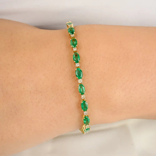 Trending 5X3 MM Zambian Emerald & Diamond Box Lock Stack Tennis Bracelet Pure 14K Gold
