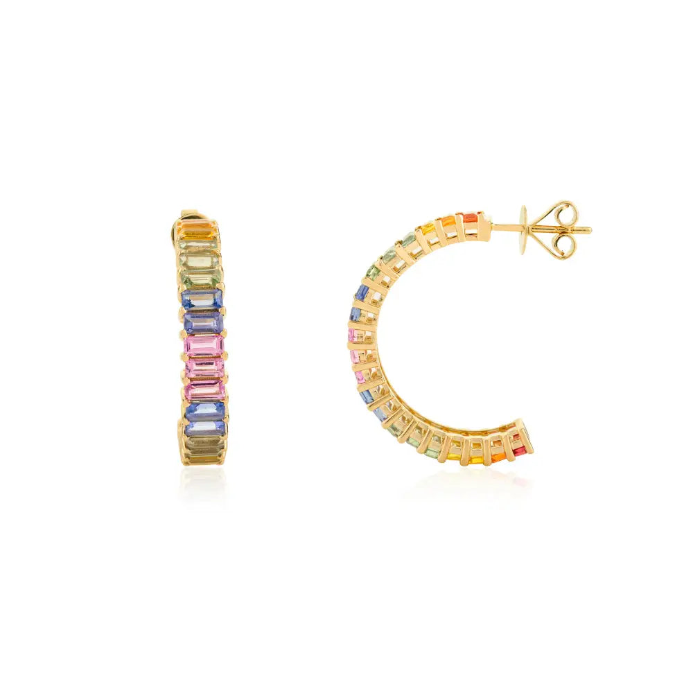 Fine 14K Yellow Gold Rainbow Colorful Multi Sapphire C Shape Hoop Earrings Party Wear Jewelry