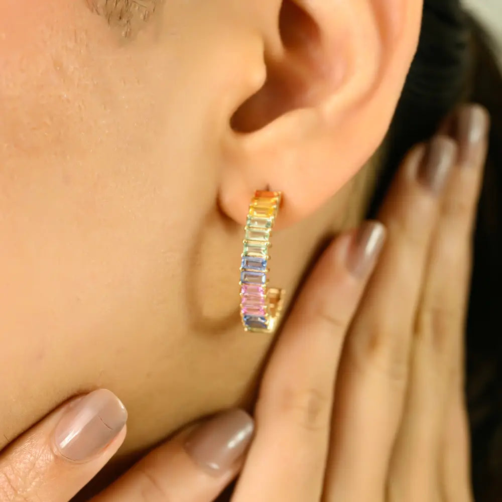 Fine 14K Yellow Gold Rainbow Colorful Multi Sapphire C Shape Hoop Earrings Party Wear Jewelry