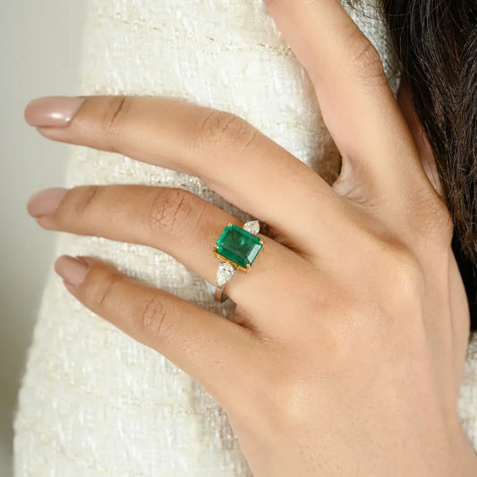 Zambian Emerald & Diamond 18K Two Tone Gold Three Stone Ring Engagement Jewelry