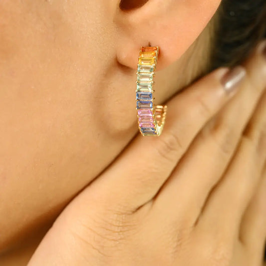 Fine 14K Yellow Gold Rainbow Colorful Multi Sapphire C Shape Hoop Earrings Party Wear Jewelry