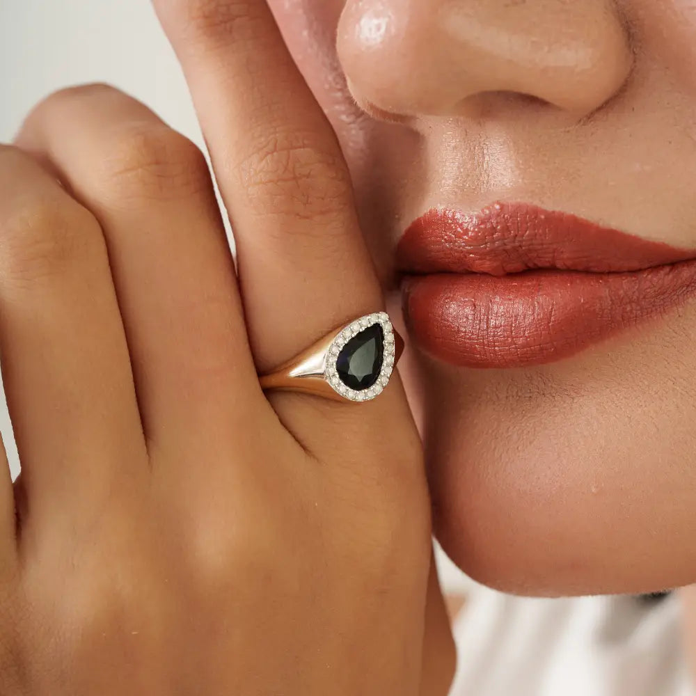 Customized Gemstone Blue Sapphire & Diamond Halo Chunky Signet Ring 14K Yellow Gold