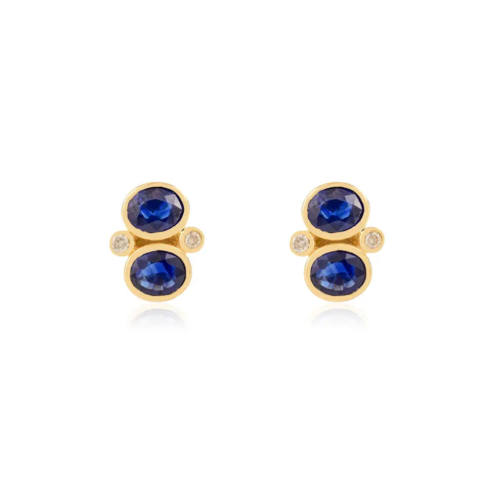 Bezel Set Blue Sapphire & Diamond K18 Yellow Gold Minimal Stud Earrings Custom Jewelry