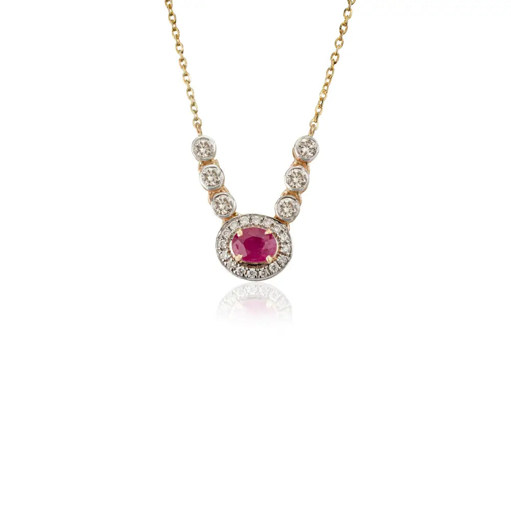 100% Genuine Ruby & Diamond Halo Pendant Necklace K14 Real Yellow Gold Fine Jewelry