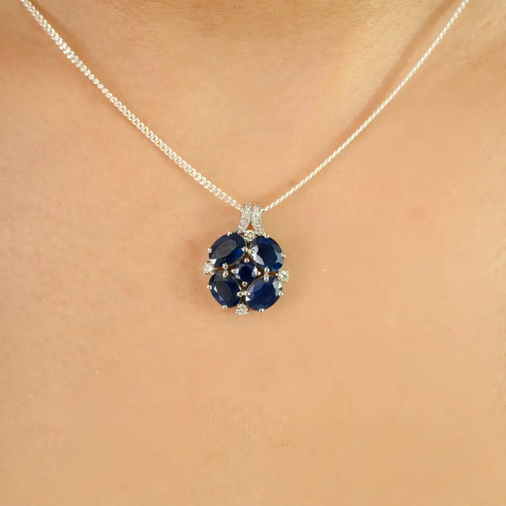 September Birthstone 14K White Gold Blue Sapphire & Diamond Gemstone Pendant Fine Jewelry
