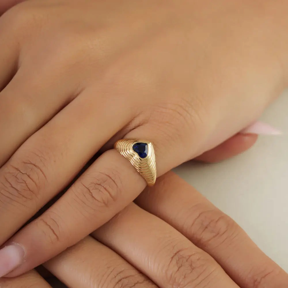 Gypsy Set Blue Sapphire Gemstone Heaty Shape Croissant Pinky Ring 14K Yellow Gold Jewelry