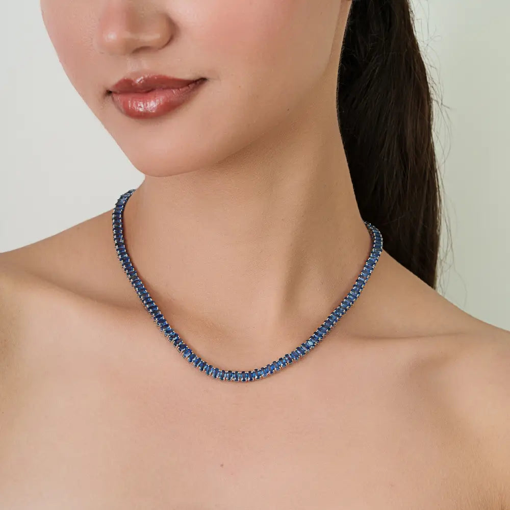 Handmade Design Blue Sapphire 14K White Gold Statement Tennis Necklace For Wedding