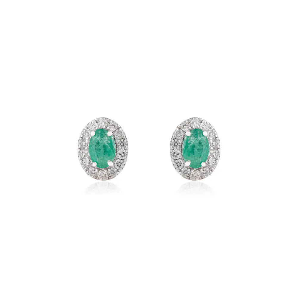 Oval Shape Emerald & Round Cut Diamond Halo Stud Earrings Minimal 14K White Gold Jewelry