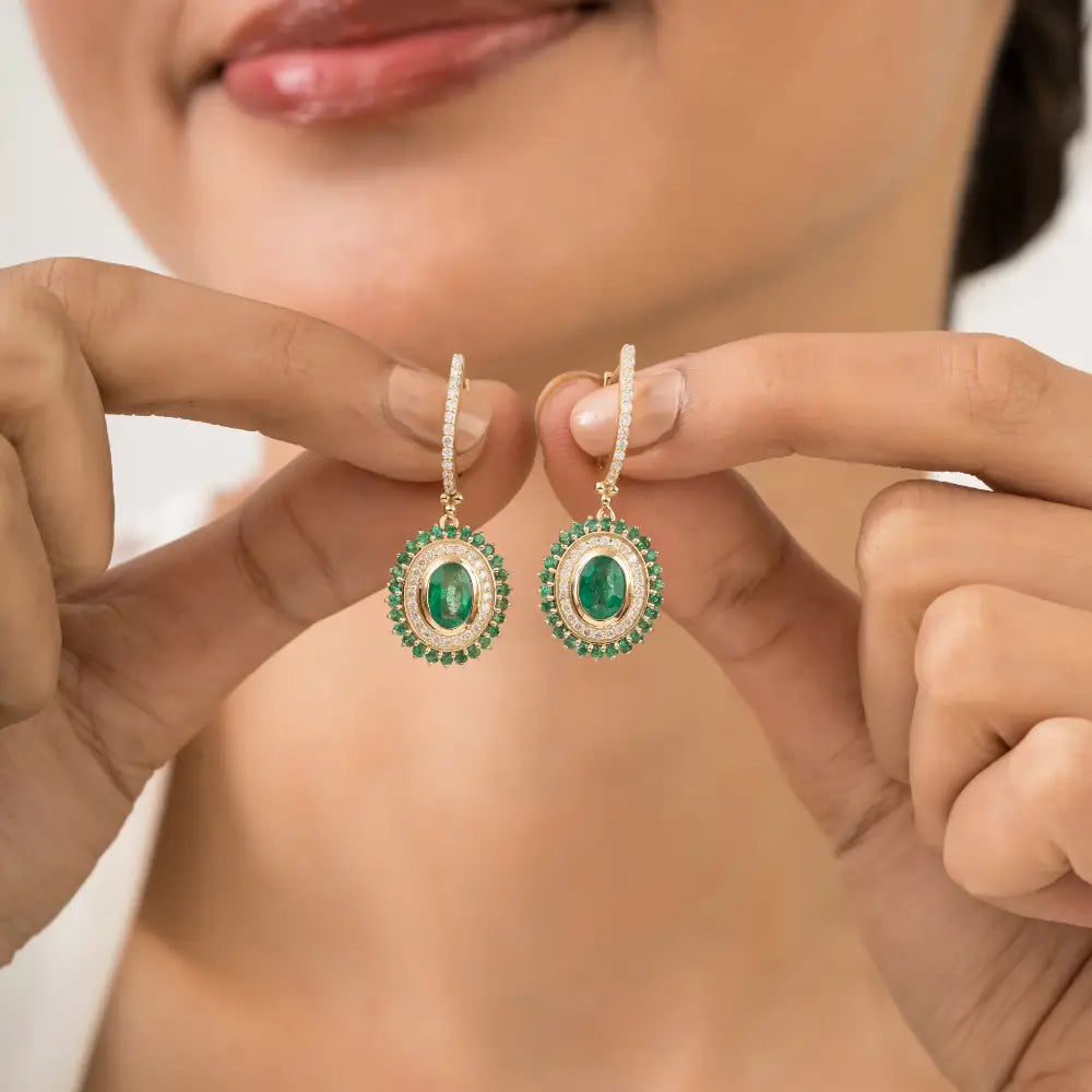 14K Real Yellow Gold 2.12 Ct. Zambian Emerald & Diamond Lever Back Hoop Drop Earrings