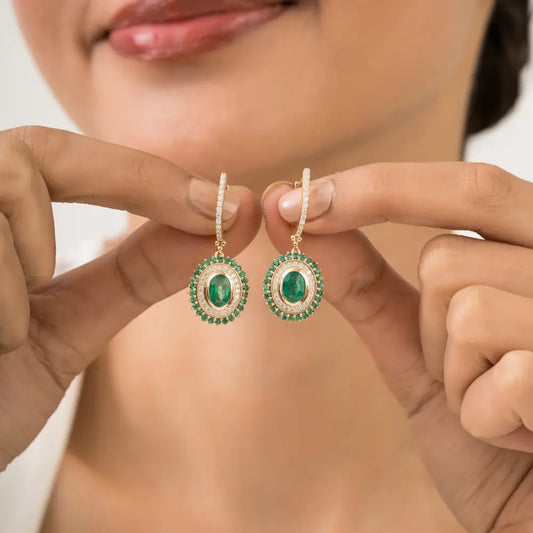 14K Real Yellow Gold 2.12 Ct. Zambian Emerald & Diamond Lever Back Hoop Drop Earrings