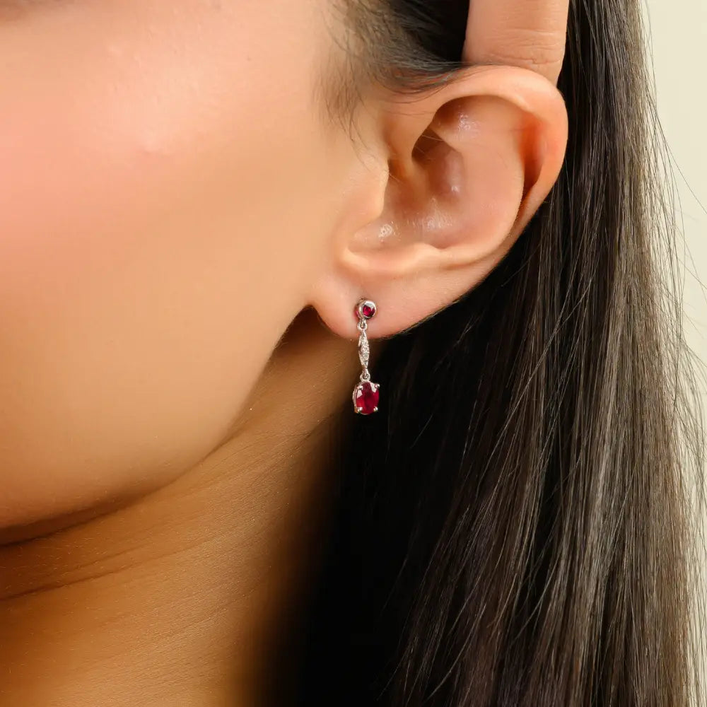 Real Gemstone Ruby & Diamond Small Drop Earrings Anniversary Gift 14K White Gold Jewelry