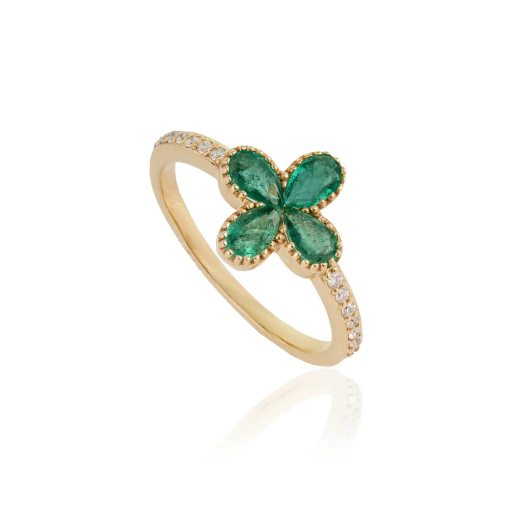 Latest Design 14K Pure Yellow Gold Emerald & Diamond Four Leaf Clover Ring Stack Jewelry