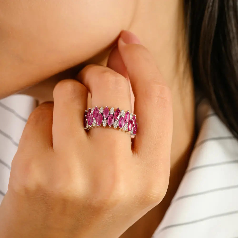 Luxury Genuine Ruby & Diamond Solid 14K White Gold Statement Ring Women Wedding Jewelry