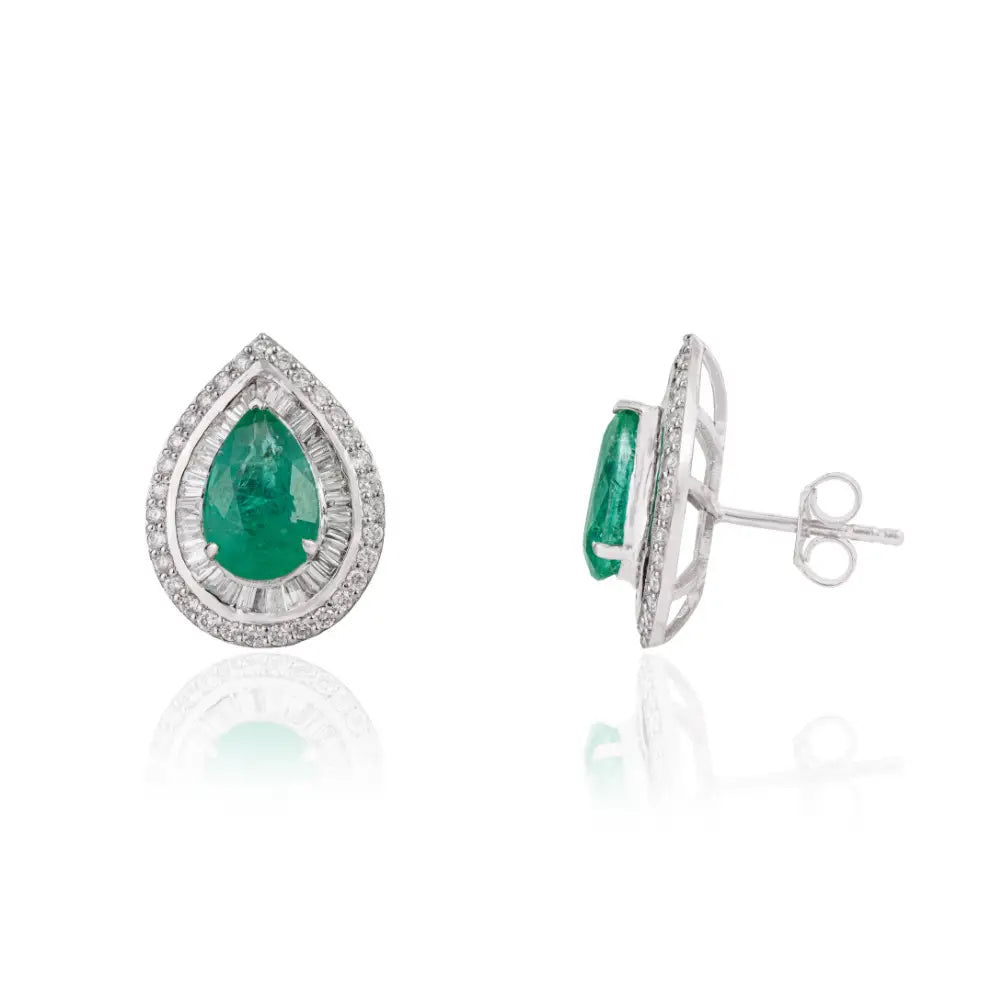 Real 18K White Gold Zambian Emerald & Diamond Pear Shape Double Cluster Stud Earrings