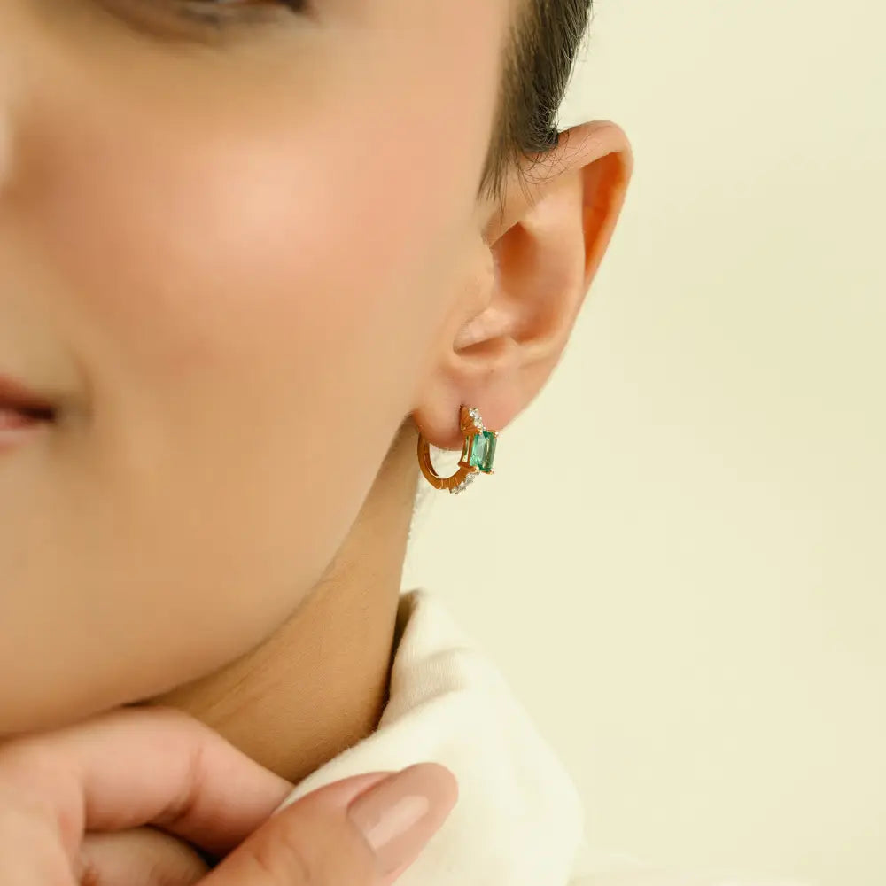 Natural Gemstone Zambian Emerald & Diamond Minimal Hoop Earrings Women 14K Real Gold
