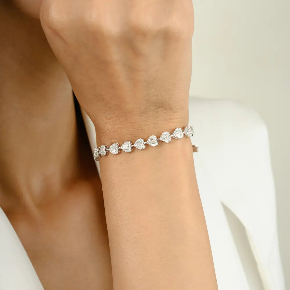 Wholesale Price Natural Diamond Heart Shape Tennis Bracelet Cluster Settings 18K White Gold