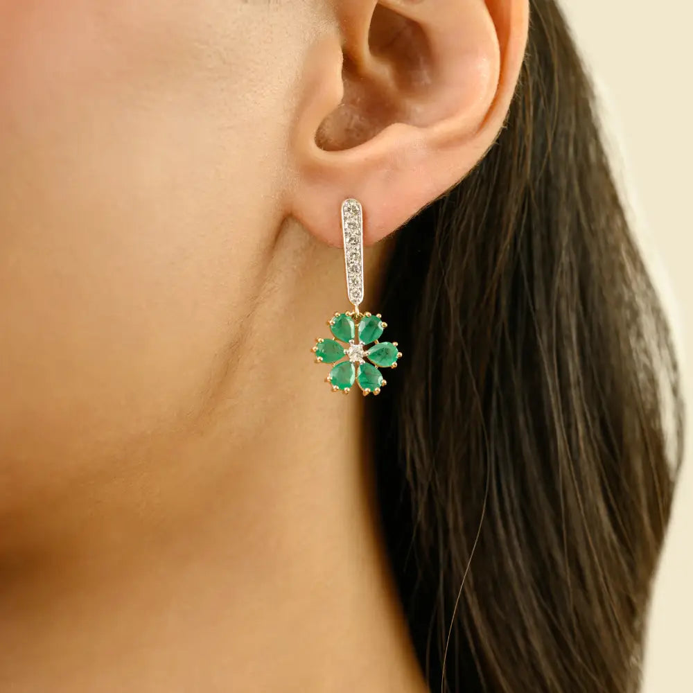 Flower Shape Drop Earrings Featuring In Emerald & Diamond K18 Yellow Gold Designer Jewelry