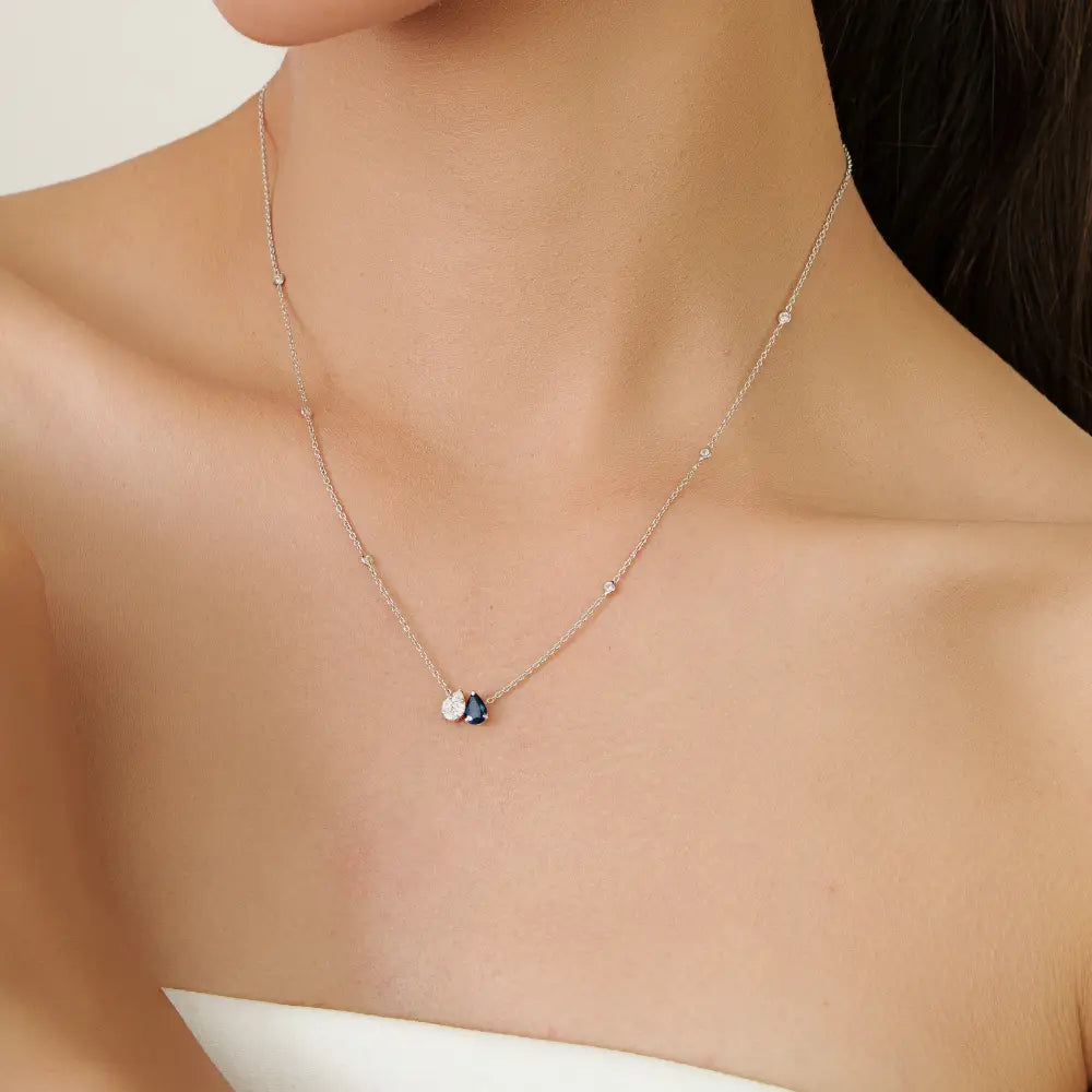 Latest Design Real Blue Sapphire & Diamond Toi et Moi Pendant Necklace K14 White Gold Jewelry