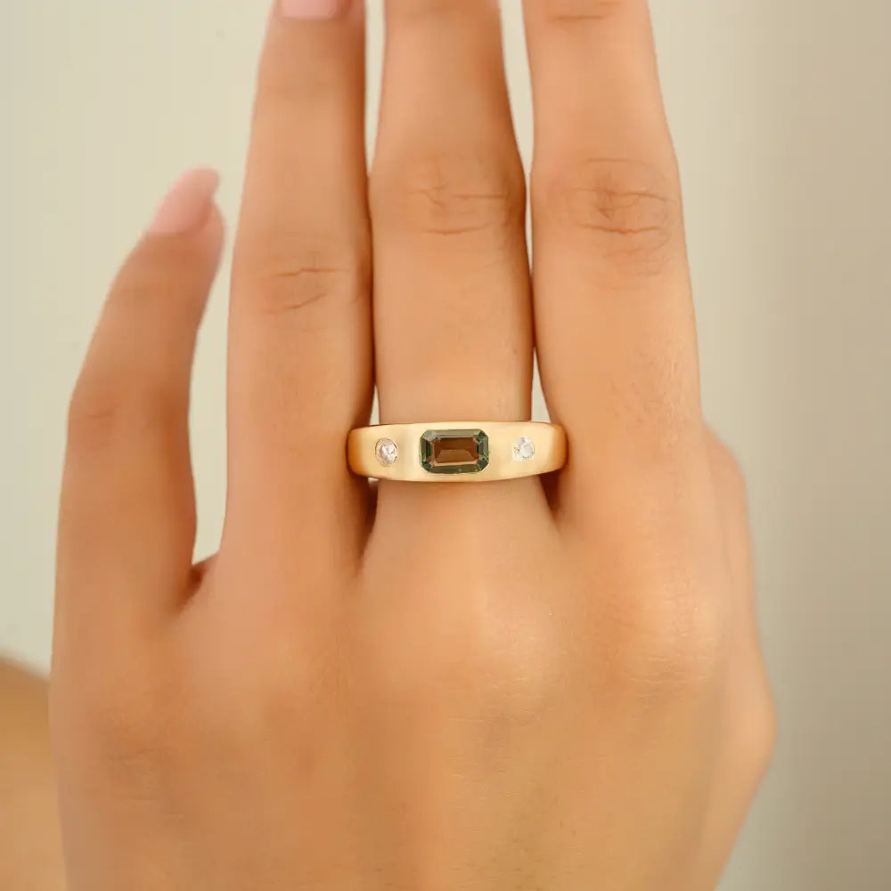 6X4 MM Green Sapphire & Round Diamond Real K14 Yellow Gold Customized Gypsy Chunky Ring