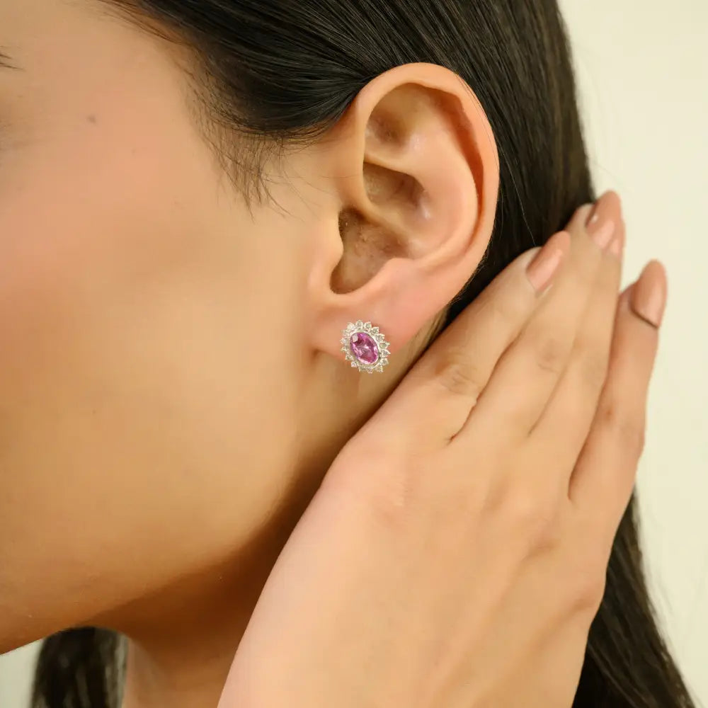 K14 White Gold Bezel Set Pink Sapphire & Diamond Cluster Halo Stud Earrings Handmade Jewelry