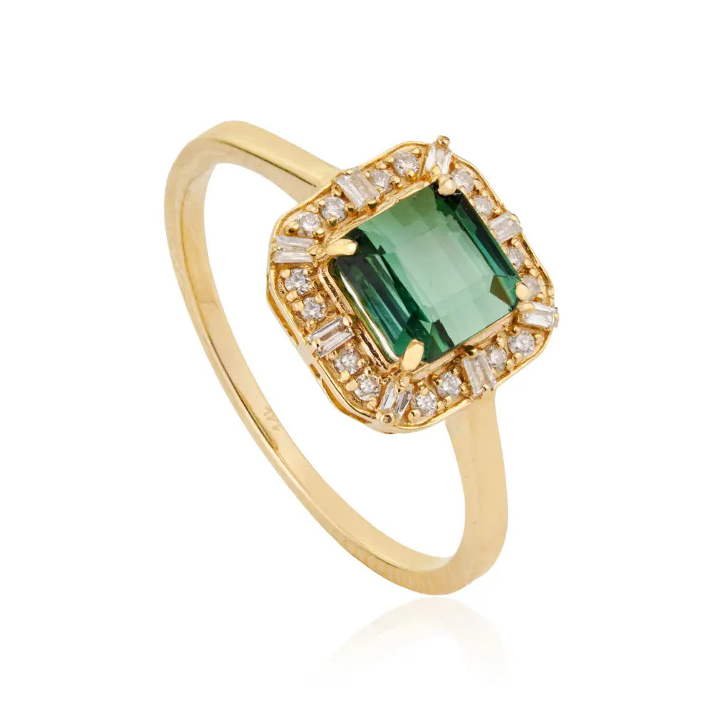 14K Real Yellow Gold Green Tourmaline & Diamond Halo Minimal Ring Stackable Jewelry