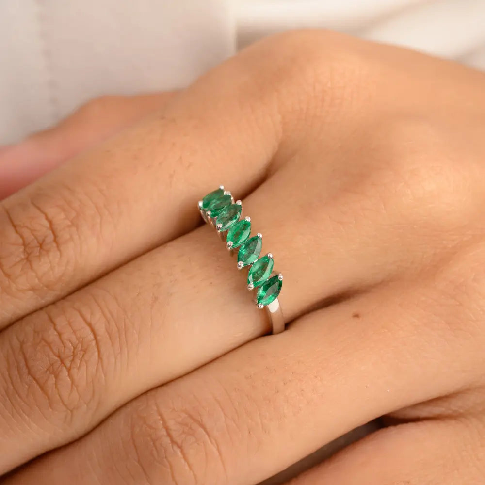 Best Quality Products Natural Emerald Solid White Gold Half Eternity Band Ring