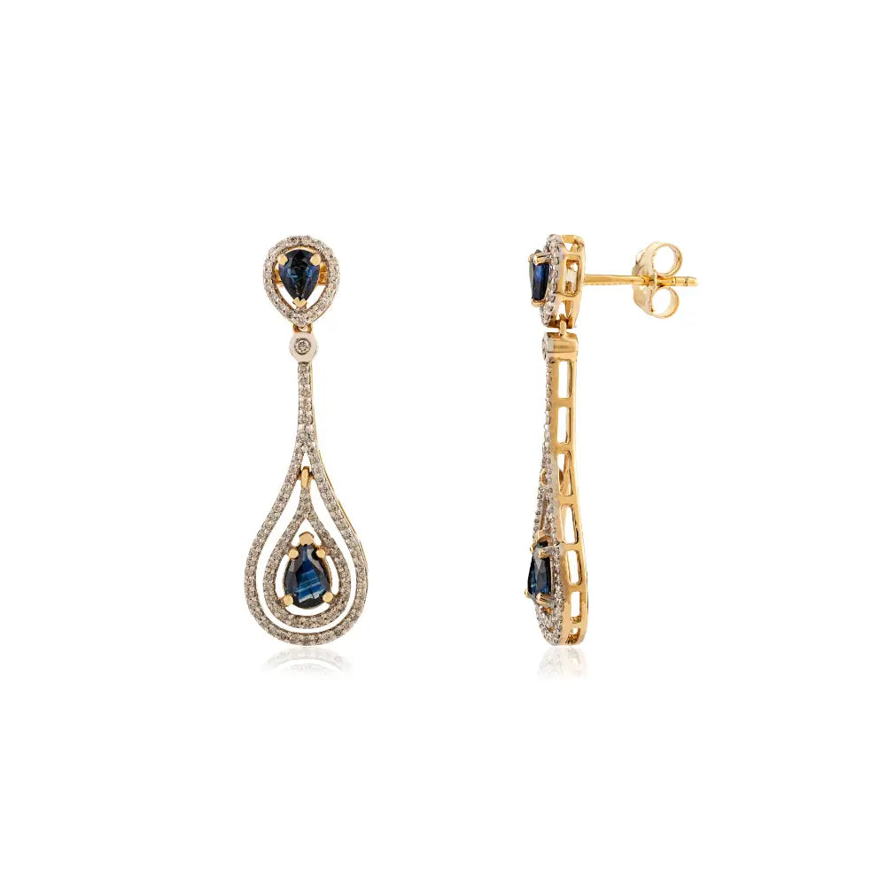 Unique Design Blue Sapphire & Diamond Teardrop Dangle Earrings Pure 18K Yellow Gold