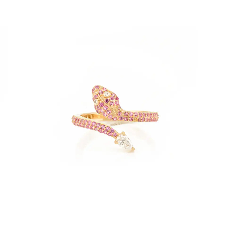 Unique Design Pink Sapphire & Diamond Snake Ring Animal Jewelry 14K Solid Yellow Gold