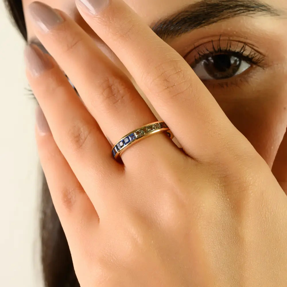 Stunning Square Cut Multi Sapphire Channel Set Full Eternity Band Ring K14 Real Yellow Gold
