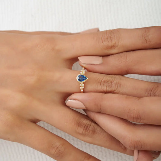 Best Selling Blue Sapphire & Diamond 14K Solid Yellow Gold Engagement Ring Stack Jewelry