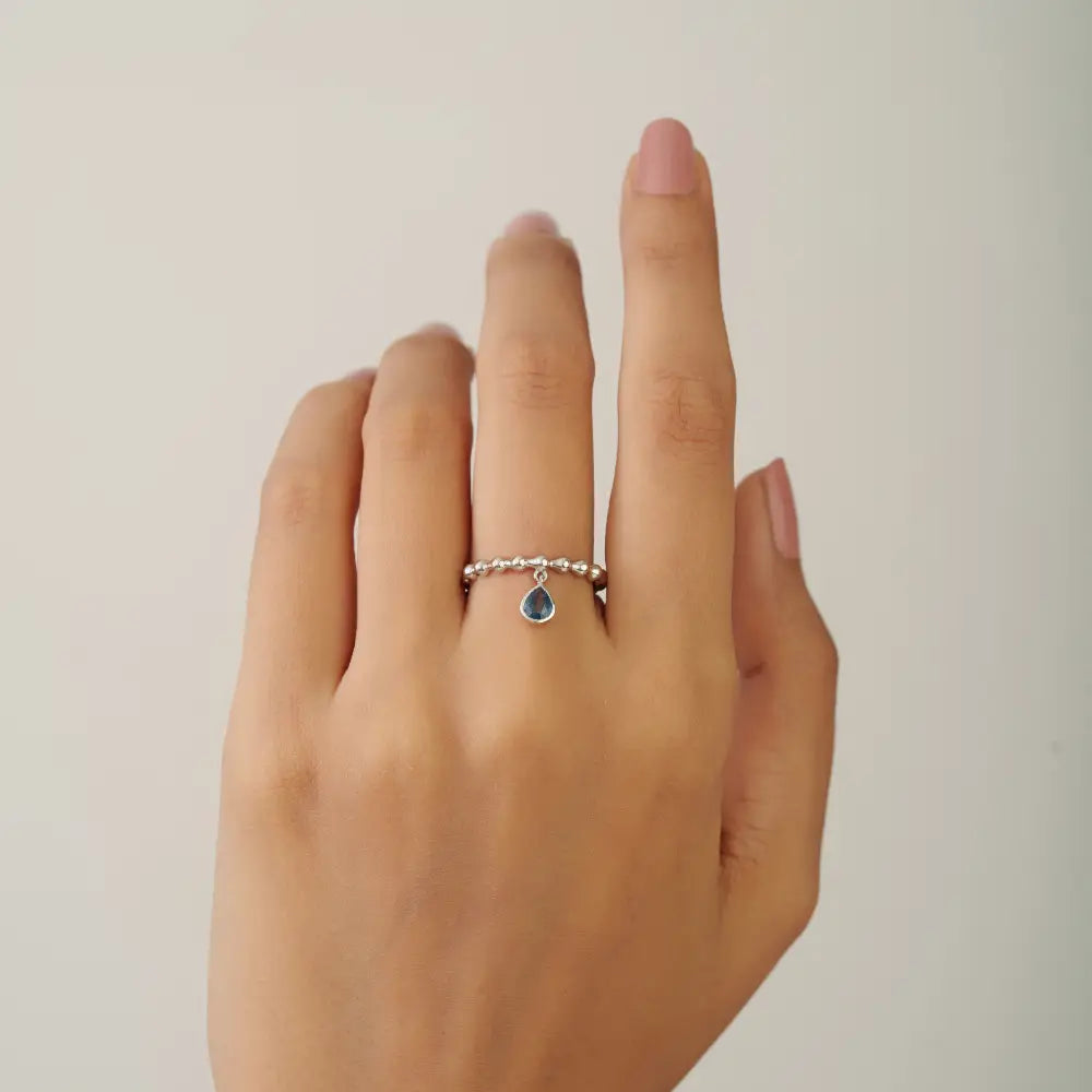 Real Blue Sapphire Gemstone Beaded Band Charm Ring Elegant 14K White Gold Bulk Jewelry