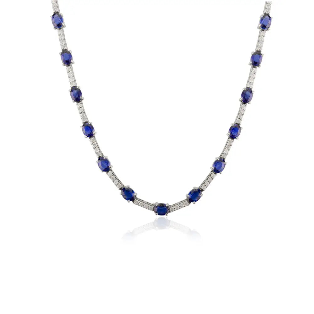 ODM OEM Jewelry Natural Blue Sapphire & Diamond Tennis Necklace Real K14 White Gold
