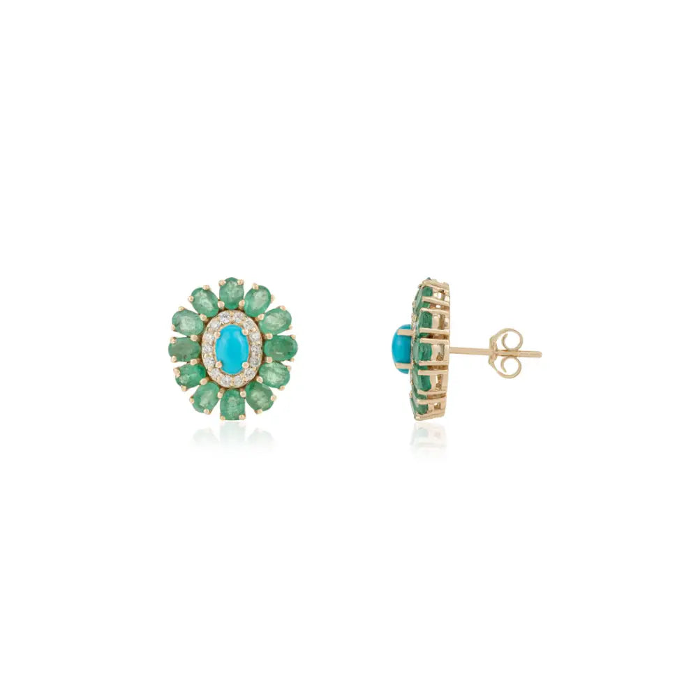 Natural Gemstone Emerald Turquoise & Diamond Floral Halo Stud Earrings 14K Yellow Gold