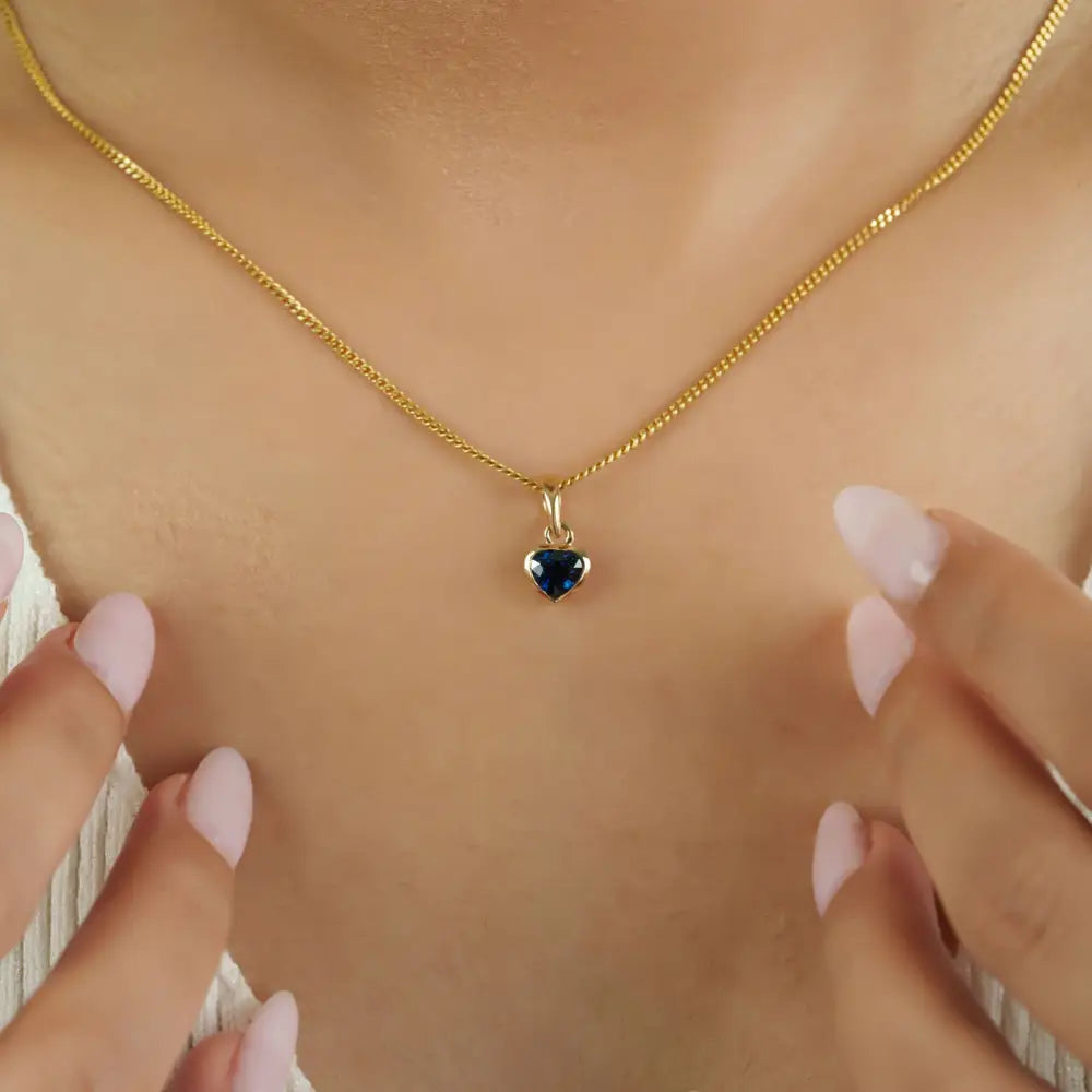 Delicate Blue Sapphire 14K Solid Yellow Gold Heart Shape Minimal Pendant Gift For Her Jewelry