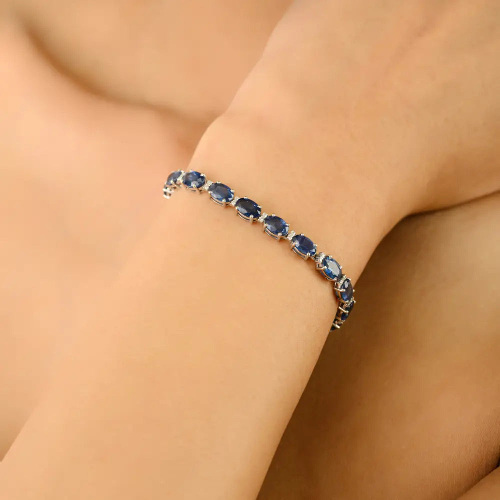 Birthstone Natural Blue Sapphire & Diamond Tennis Bracelet Elegant 14K Solid Gold Jewelry