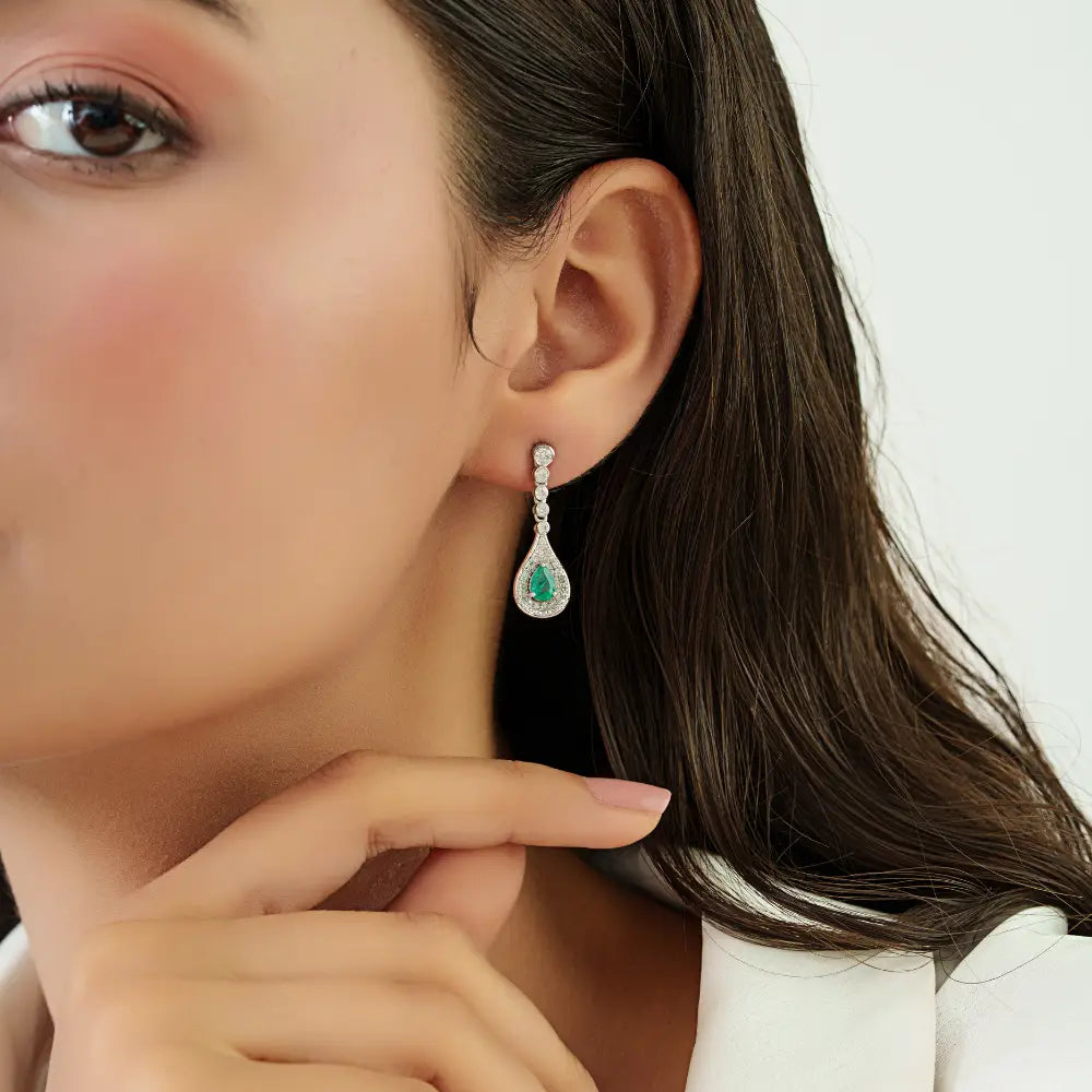 Real K14 White Gold Emerald & Diamond Teardrop Earrings Precious Gemstone Jewelry Supplier