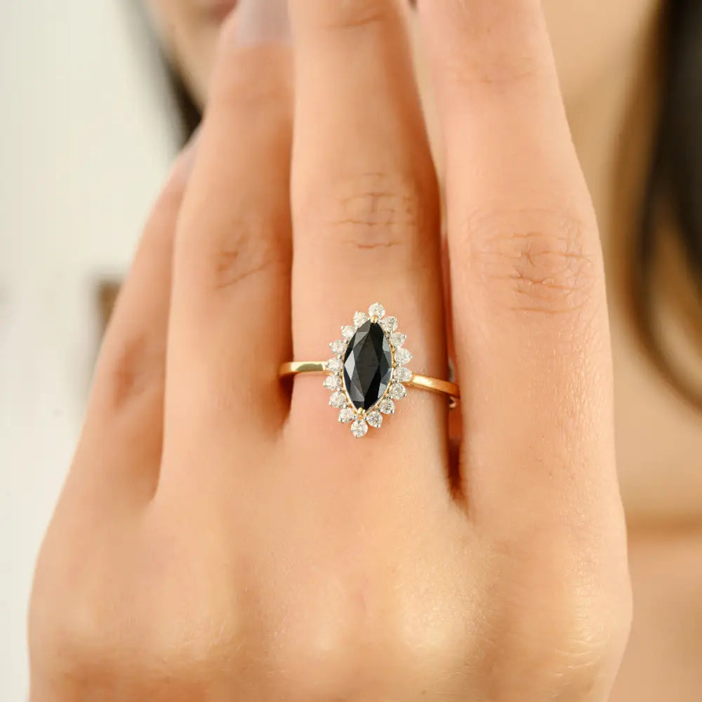 Unique Blue Sapphire & Diamond Marquise Shape Cluster Ring Unisex Real K18 Yellow Gold