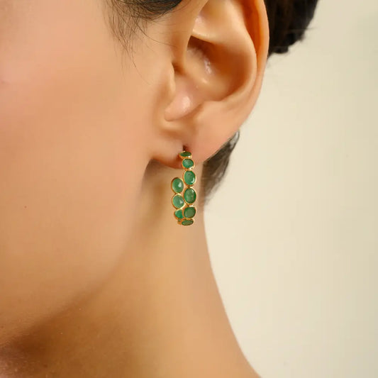 Genuine Emerald Push Back C Hoop Earrings May Birthstone K18 Pure Yellow Gold ODM Jewelry