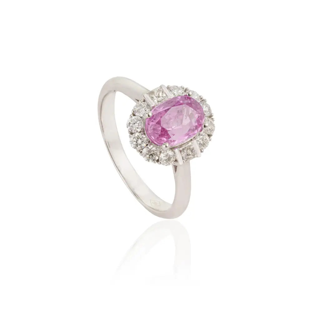 100% Natural Pink Sapphire & Diamond 18K White Gold Statement Halo Ring Birthstone Jewelry
