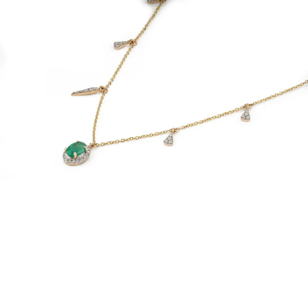 Elegant Design Emerald & Diamond Stacked Charm Chain Necklace Solid 14K Yellow Gold Jewelry