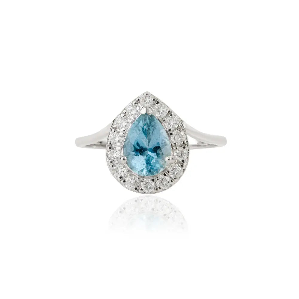 Latest Design Genuine Aquamarine & Diamond Pear Shape Halo Ring 14K Solid White Gold