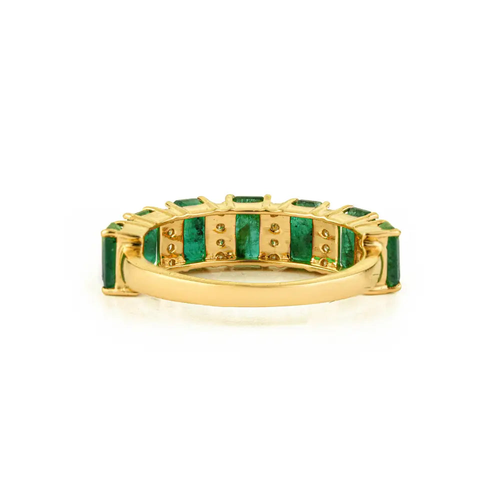 Zambian Emerald & Diamond Fine 18K Yellow Gold Half Eternity Band Ring Precious Jewelry