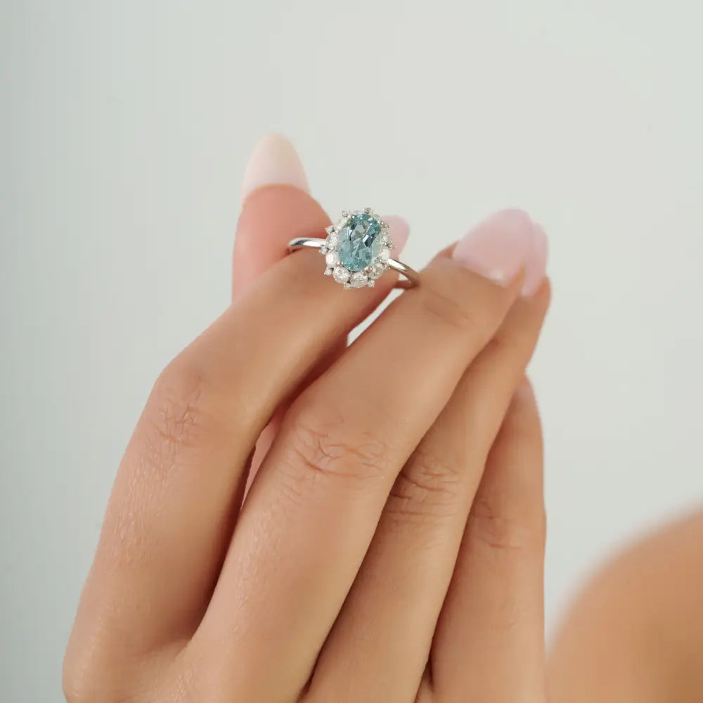 Prong Set Aquamarine & Diamond Cluster Ring New Trendy 14K White Gold Fine Jewelry