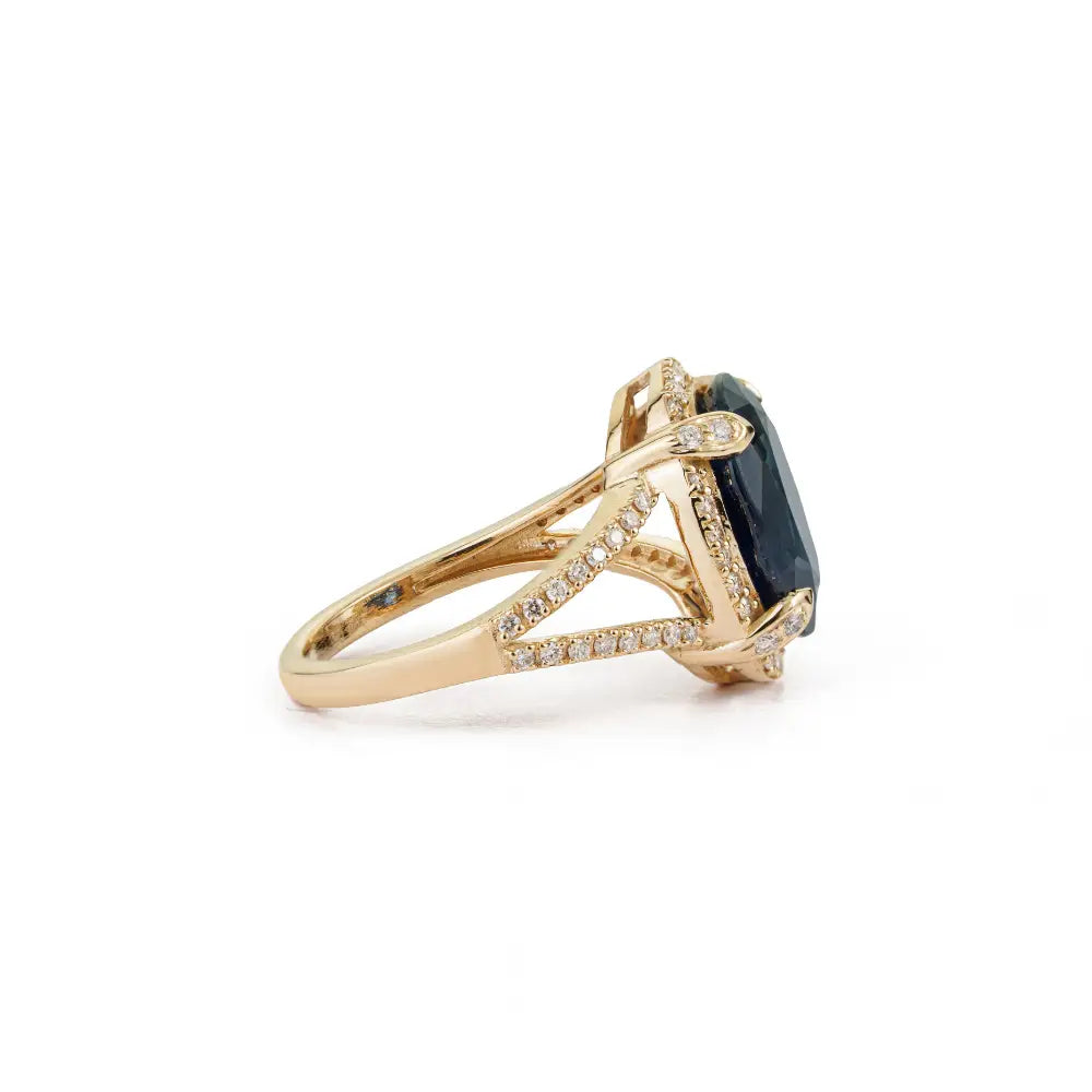 6.11ct. Blue Sapphire & Diamond Halo Split Shank Ring Wedding Bold Jewelry 14K Yellow Gold