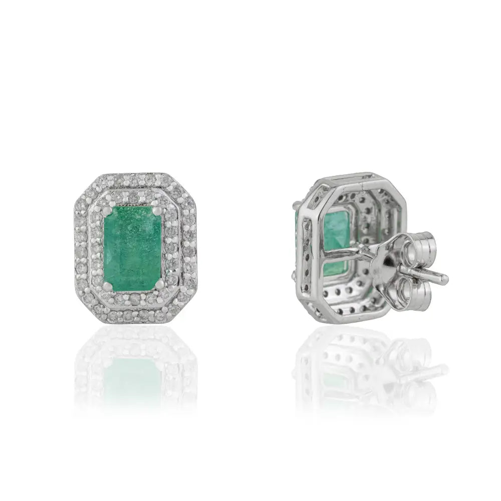 6x4mm Emerald & Diamond K14 White Gold Double Cluster Stud Earrings Mother's Day Gift