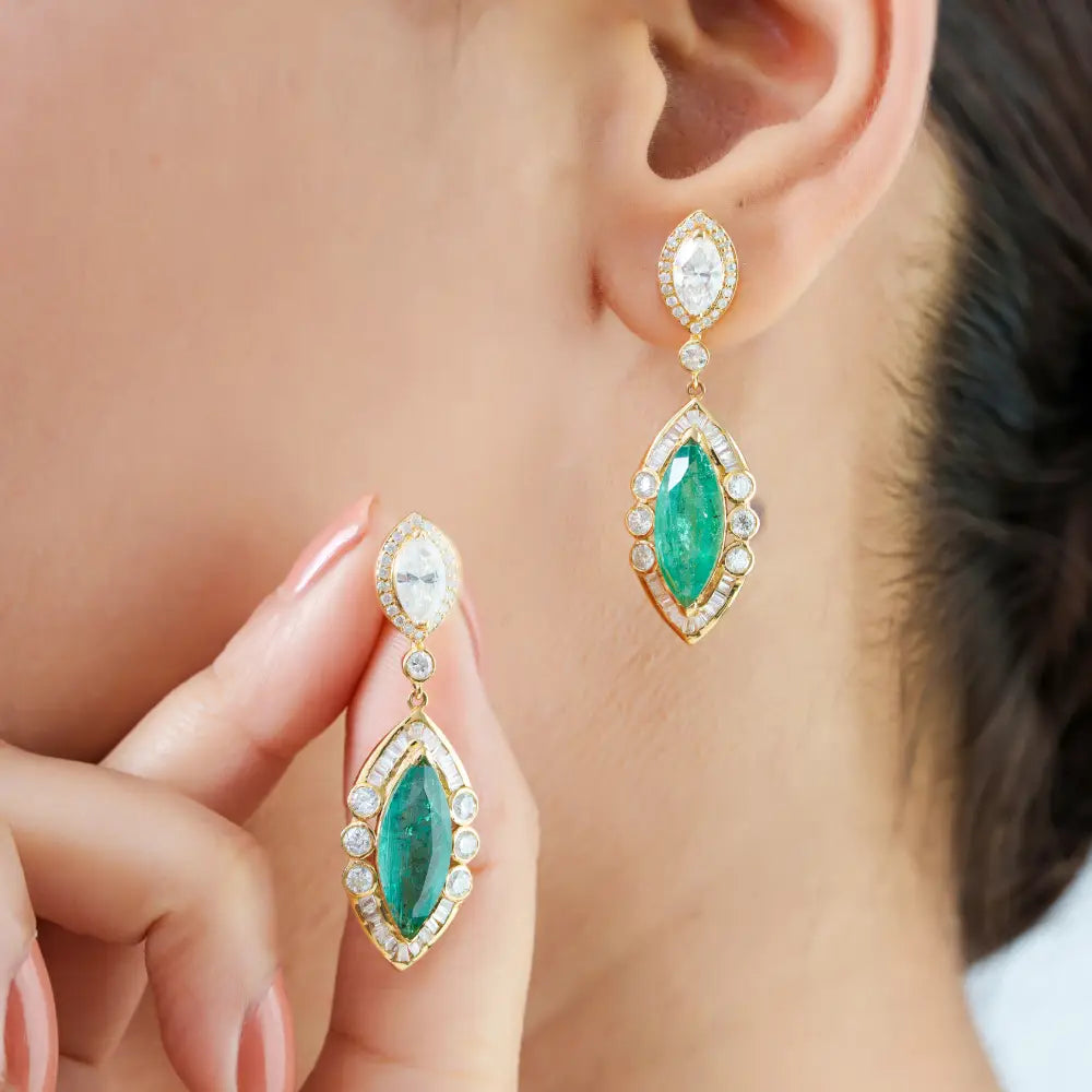 Luxurious Emerald & Diamond Marquise Shape Dangle Earrings Bold Jewelry 14K Yellow Gold