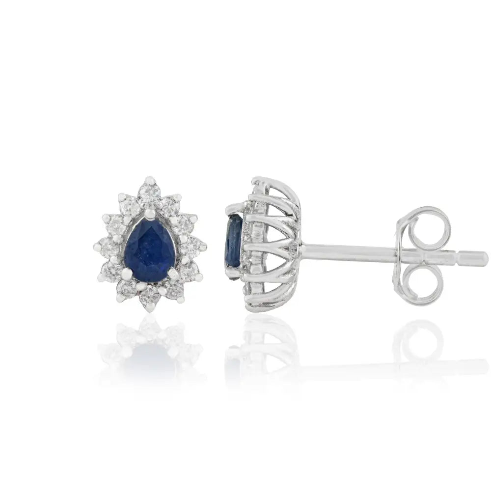 Prong Set Blue Sapphire & Diamond Pure 14K White Gold Cluster Stud Earrings Custom Jewelry