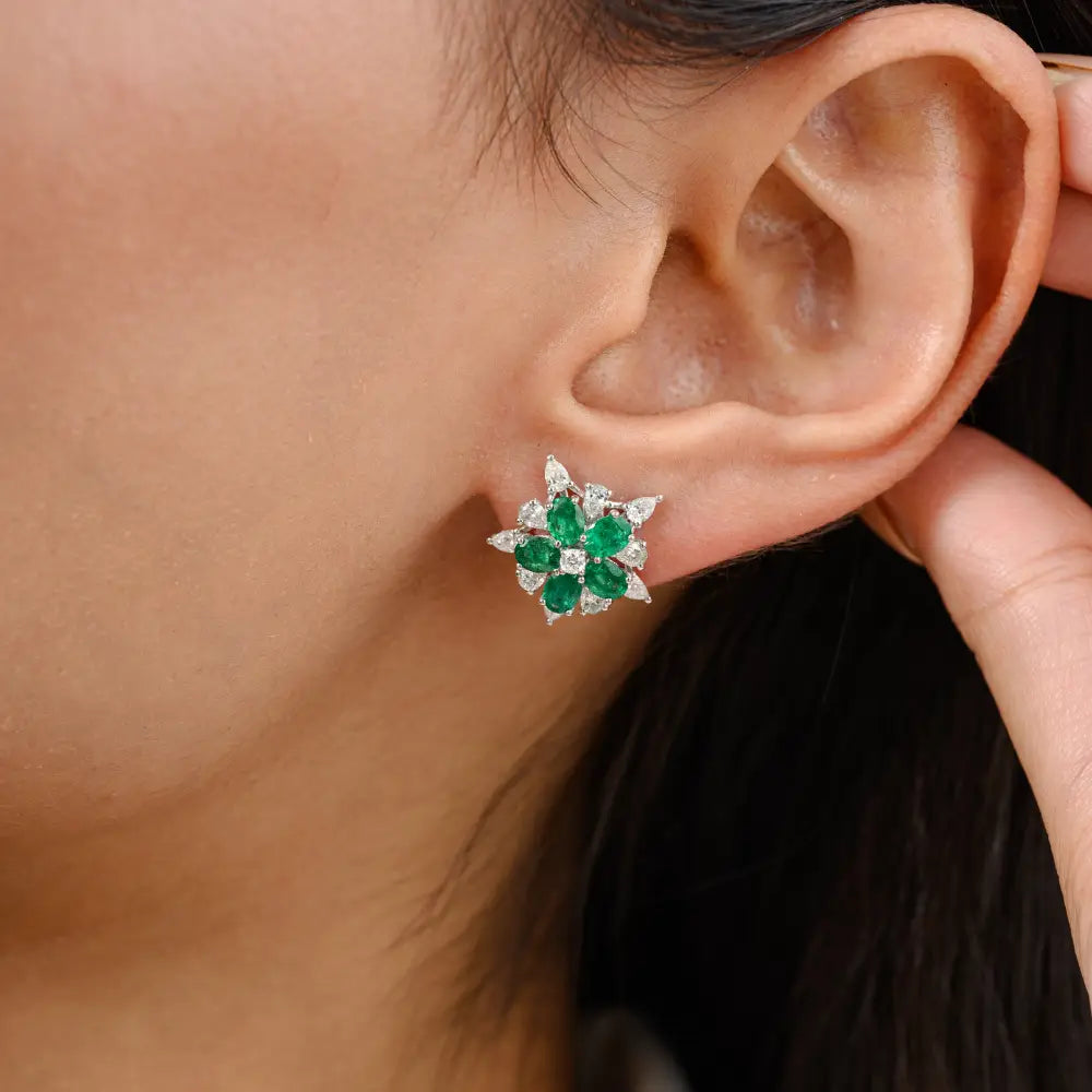 Emerald & Diamond 18K White Gold Flower Shape Stud Earrings Luxury Statement Jewelry