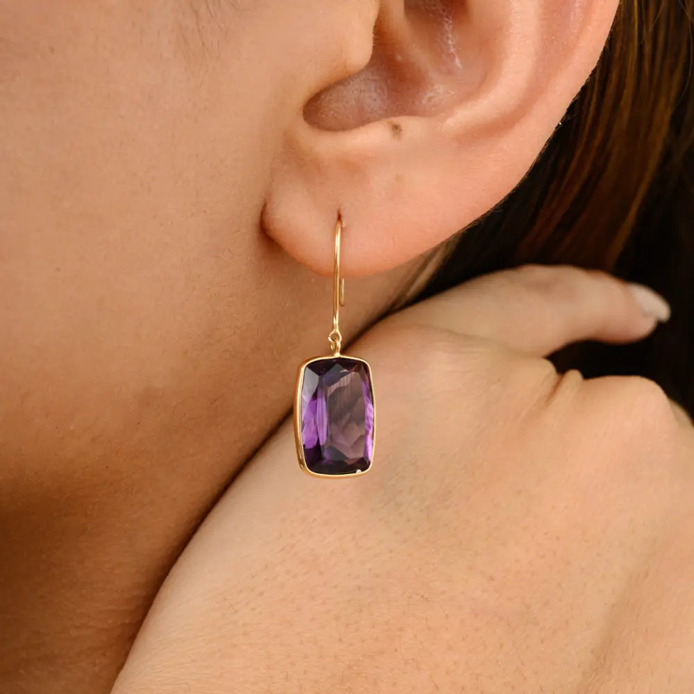 High Quality Products 18K Solid Yellow Gold Amethyst Dangle Earrings